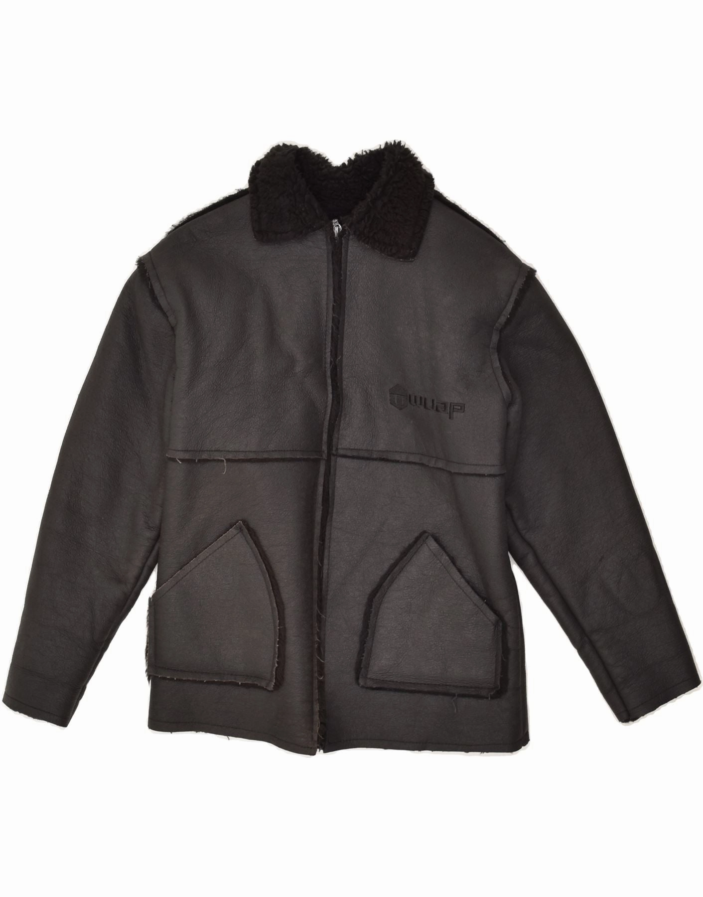 VINTAGE Boys Shearling Jacket 12-13 Years Large Black Polyvinyl gift - giving option Fashion Vibe