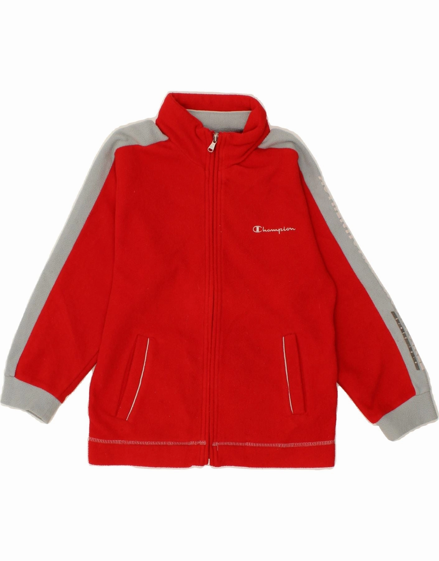 CHAMPION Boys Fleece Jacket 7-8 Years Small Red Colourblock Polyester Noise Free Material Adjustable Waistband