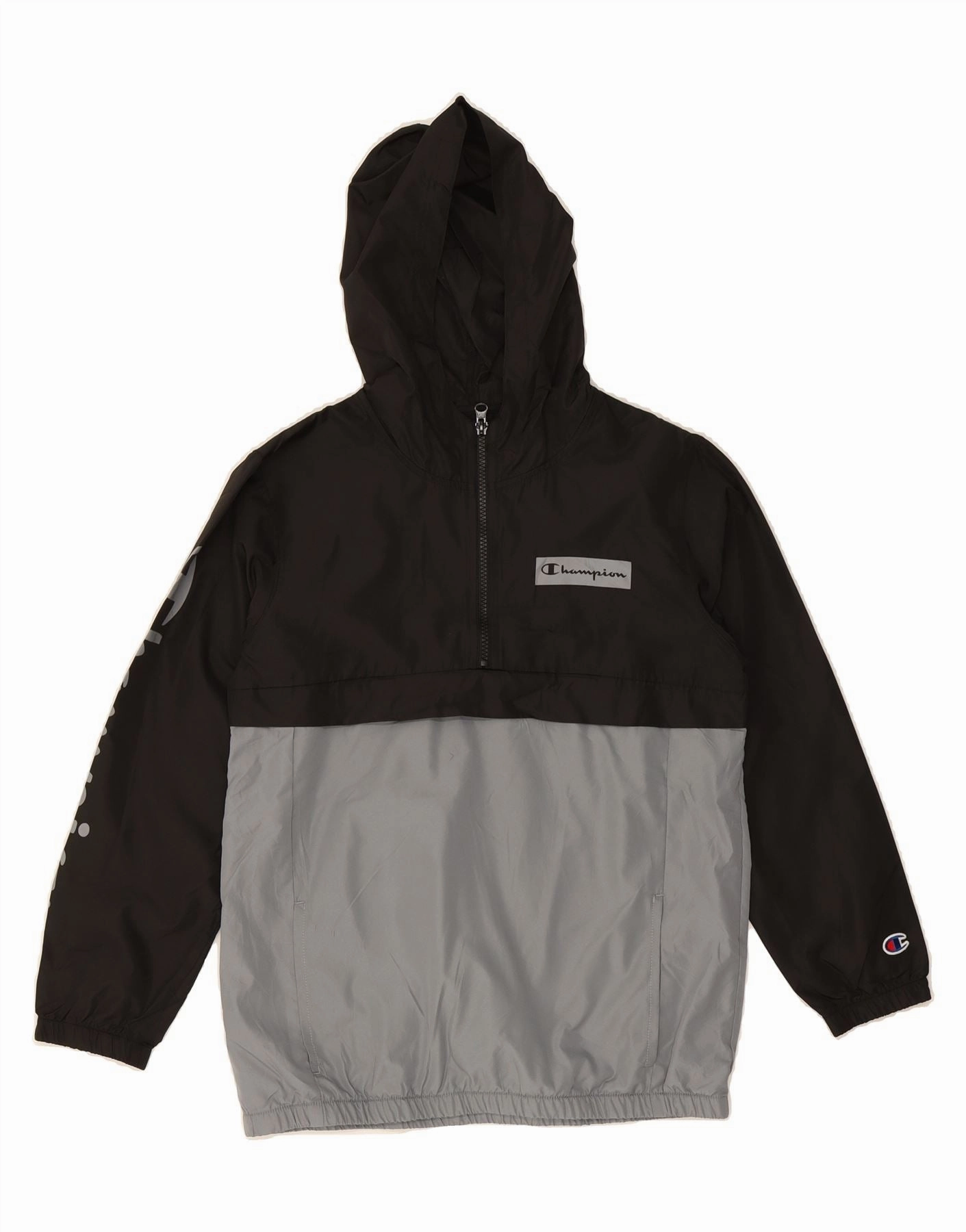 snap-up CHAMPION Boys Graphic Anorak Jacket 9-10 Years Medium Black Colourblock