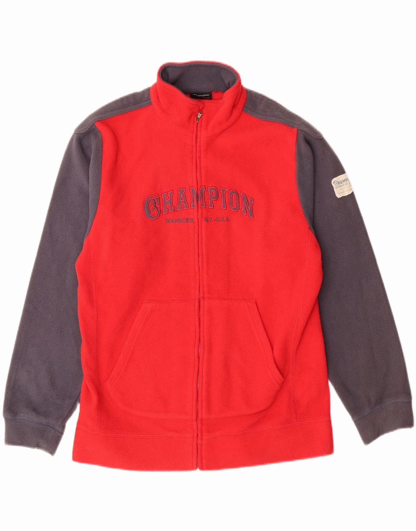Minimalist CHAMPION Boys Graphic Fleece Jacket 13-14 Years XL Red Colourblock