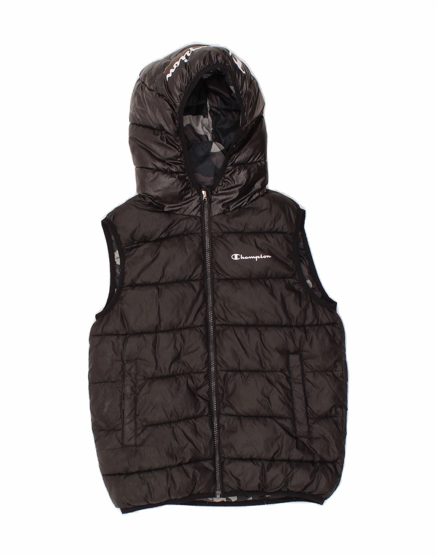 Fantasize Alarm CHAMPION Boys Graphic Hooded Padded Gilet 11-12 Years Black Polyester