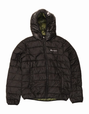 Grid Fleece Lining CHAMPION Boys Graphic Hooded Padded Jacket 15-16 Years 2XL Black Polyester