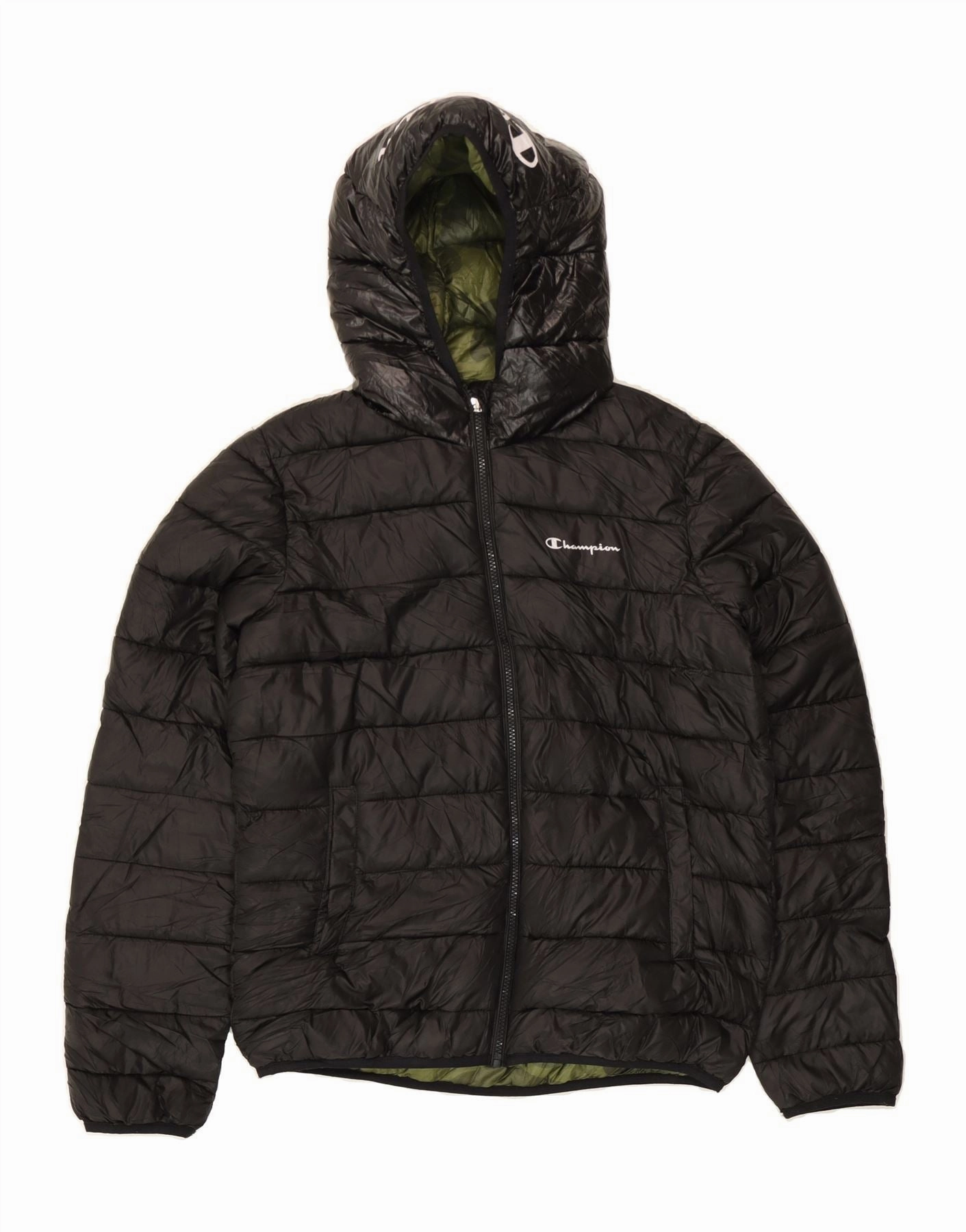 Grid Fleece Lining CHAMPION Boys Graphic Hooded Padded Jacket 15-16 Years 2XL Black Polyester