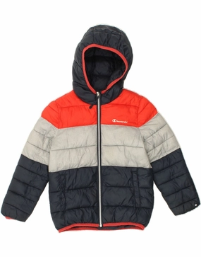 Brush Stretch Fit CHAMPION Boys Graphic Hooded Padded Jacket 5-6 Years XS Navy Blue