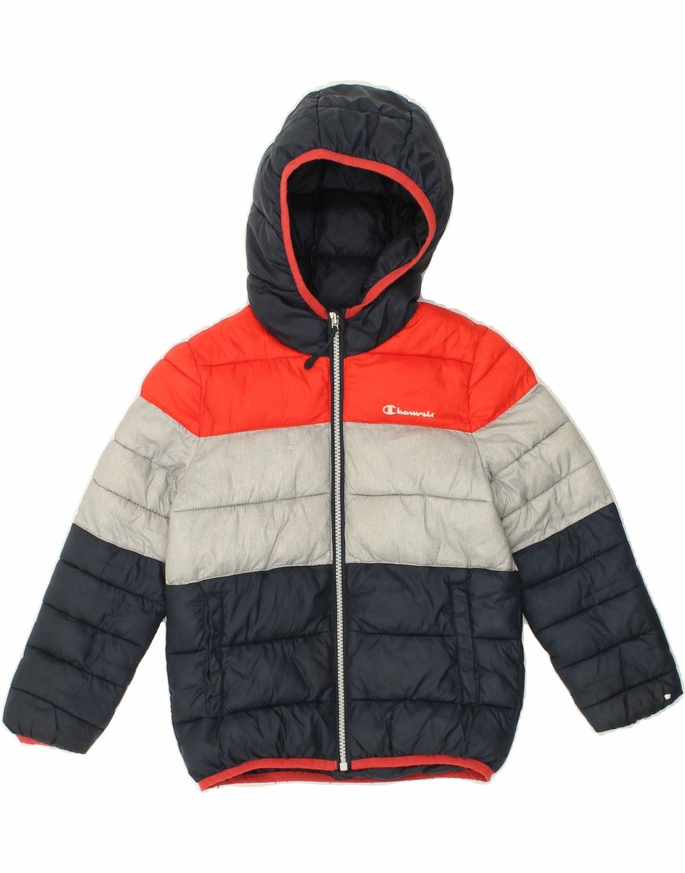 Brush Stretch Fit CHAMPION Boys Graphic Hooded Padded Jacket 5-6 Years XS Navy Blue