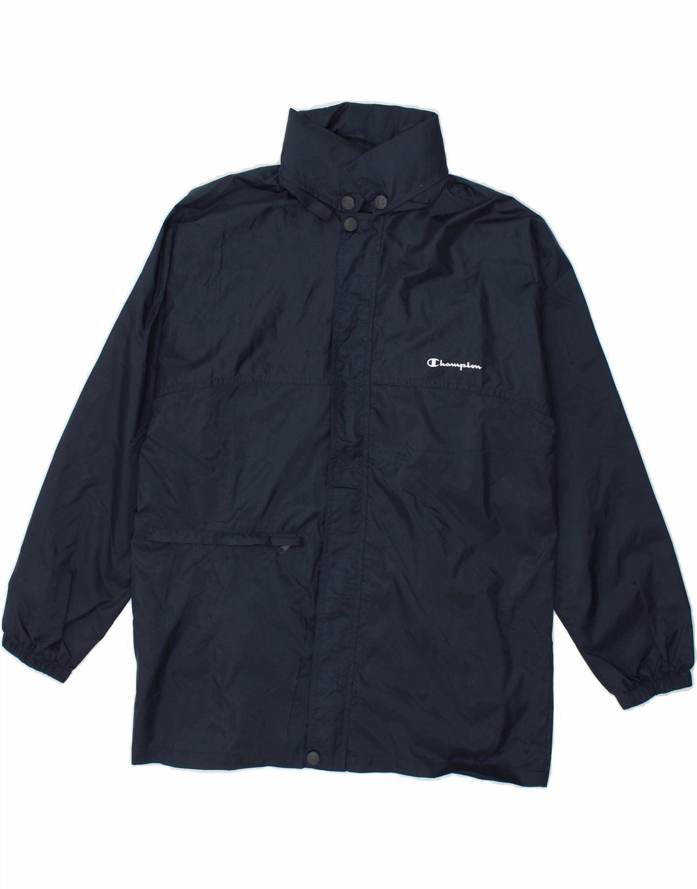 Oil CHAMPION Boys Graphic Hooded Raincoat 11-12 Years Large Navy Blue