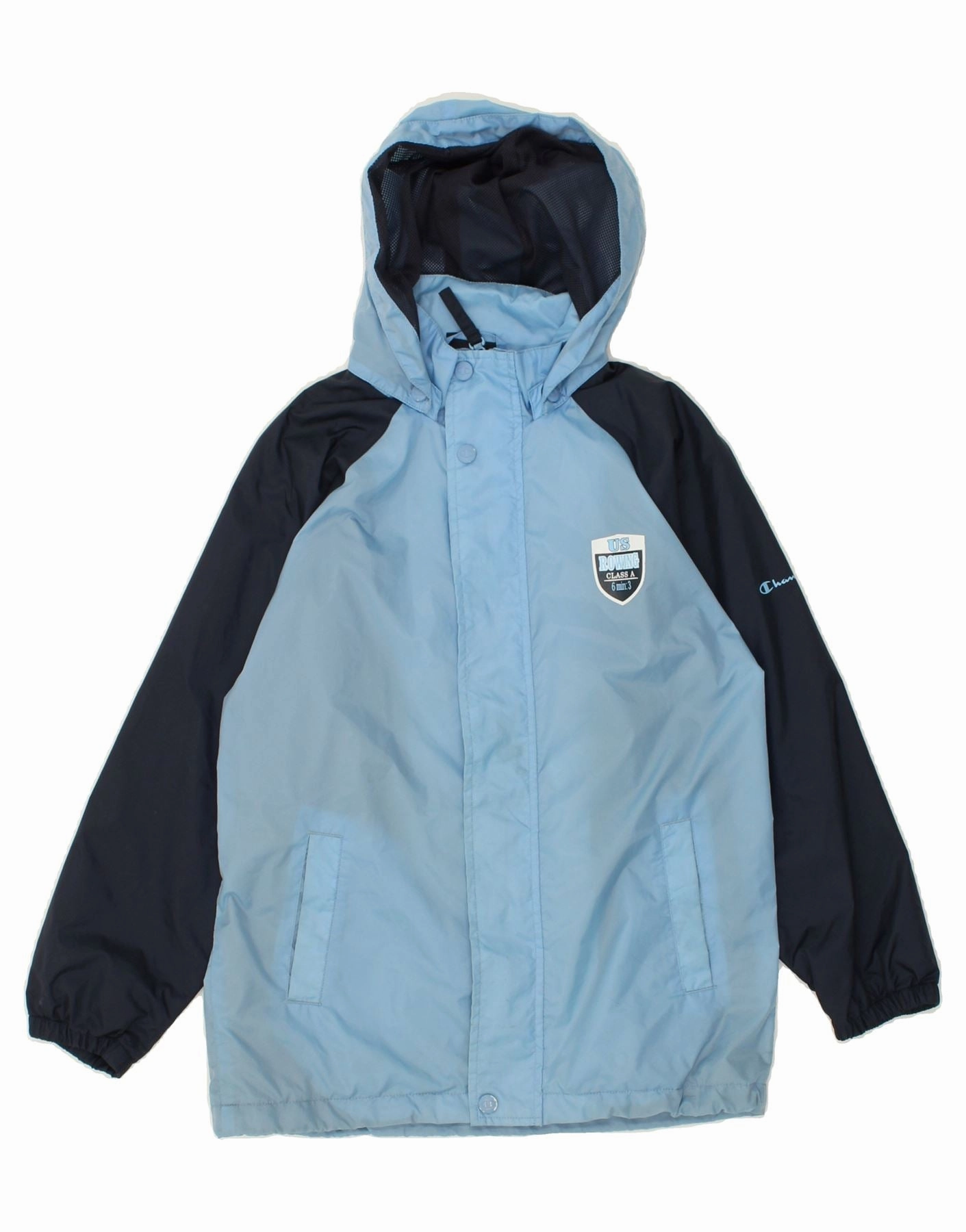 CHAMPION Boys Graphic Hooded Raincoat 9-10 Years Blue Colourblock Flexible Shoulder Seams