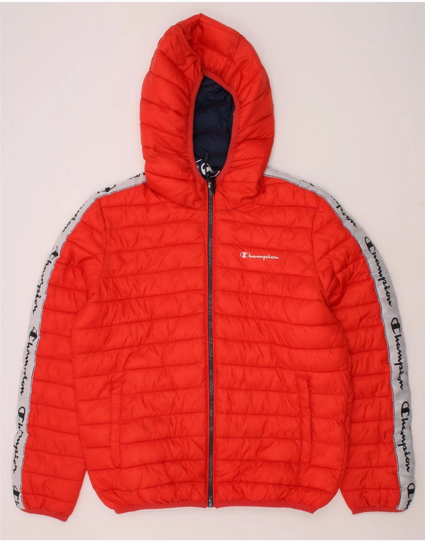 Collarless Go Anywhere CHAMPION Boys Graphic Padded Jacket 11-12 Years Large Red Colourblock