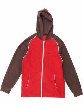 CHAMPION Boys Hooded Fleece Jacket 13-14 Years Red Colourblock Polyester Suitable for team sports