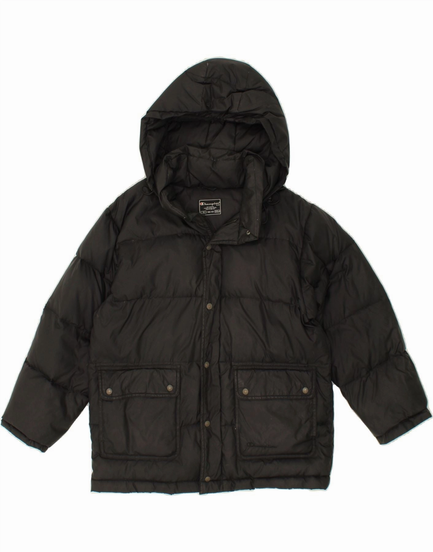 CHAMPION Boys Hooded Padded Jacket 11-12 Years Black Polyester Receipt