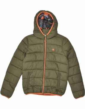 CHAMPION Boys Hooded Padded Jacket 11-12 Years Large Green Polyamide vintage Wrinkle Resistant Material