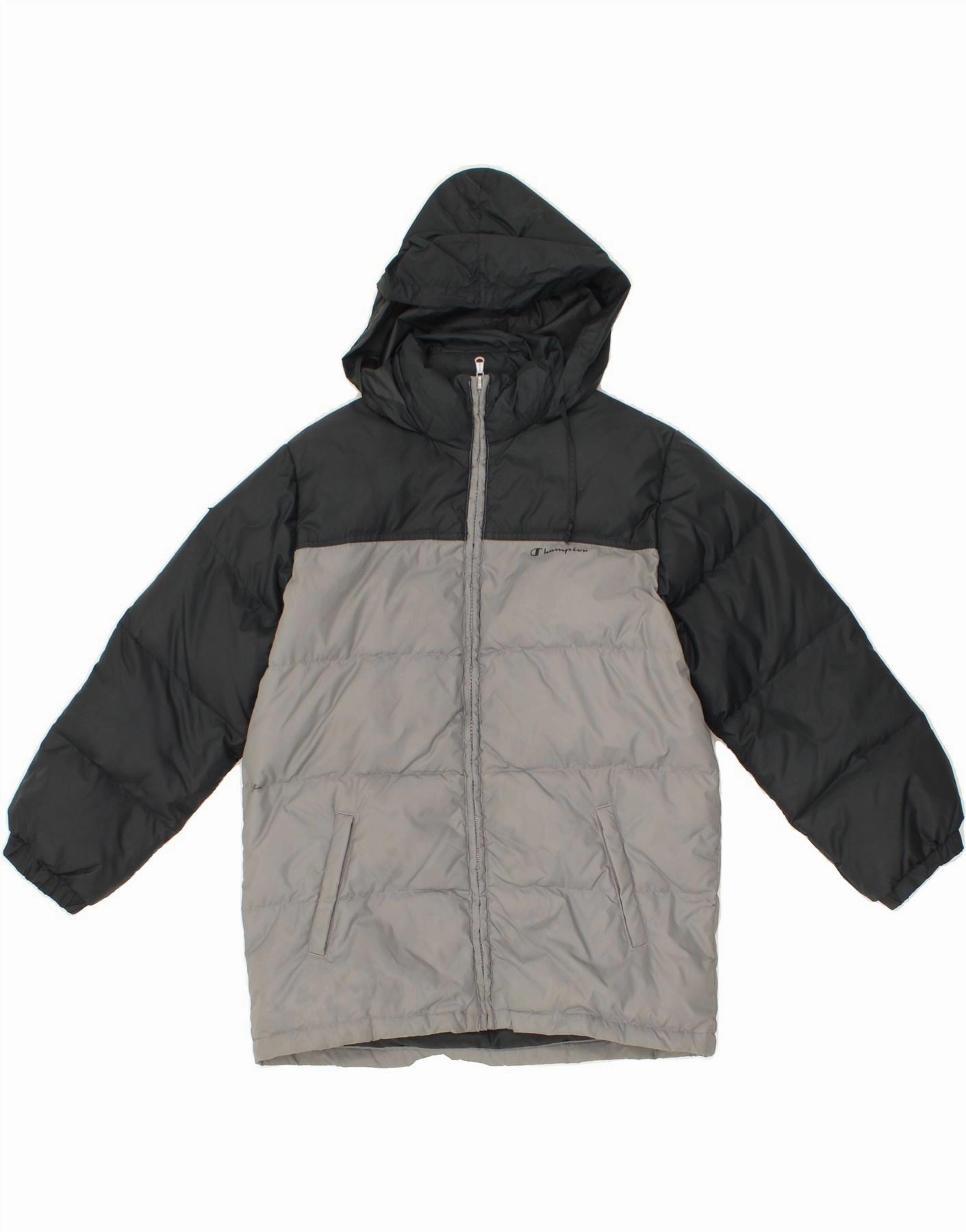 Odor Resistant Finish Rain Comfort CHAMPION Boys Hooded Padded Jacket 9-10 Years Grey Colourblock