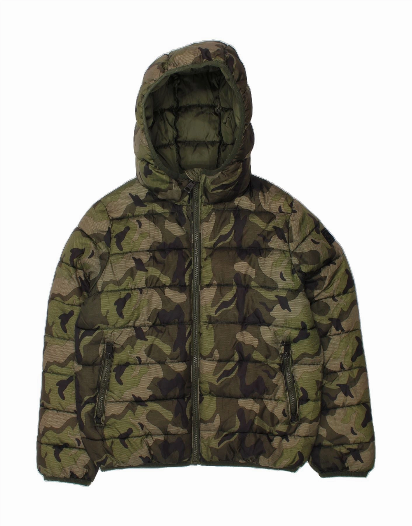 CHAMPION Boys Hooded Padded Jacket 9-10 Years Medium Green Camouflage YKK Zipper Quality