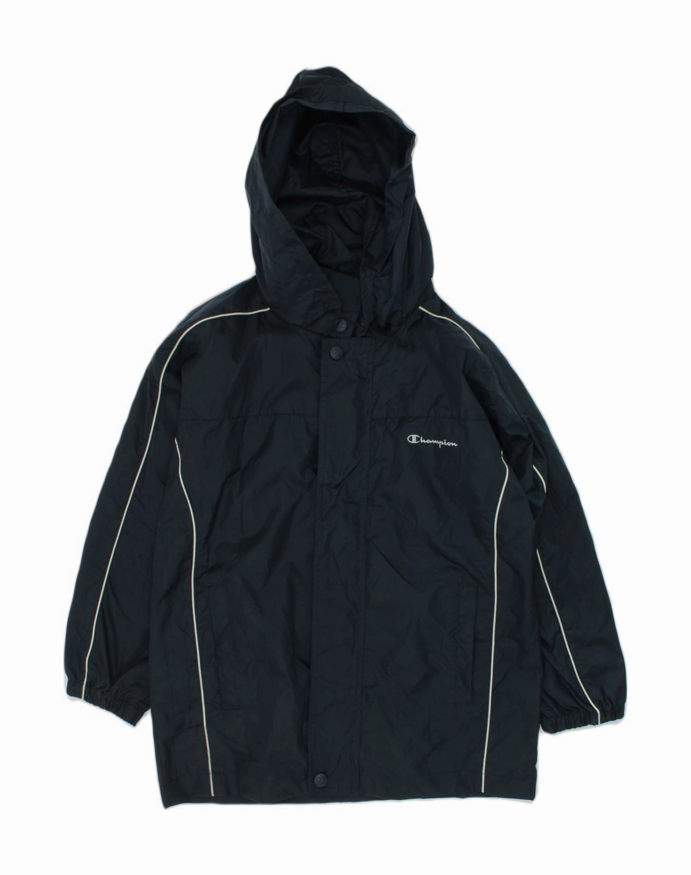 CHAMPION Boys Hooded Rain Jacket 7-8 Years Navy Blue Polyester AbrasionResistant Edging High Neck
