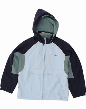 CHAMPION Boys Hooded Rain Jacket 9-10 Years Navy Blue Colourblock Supply