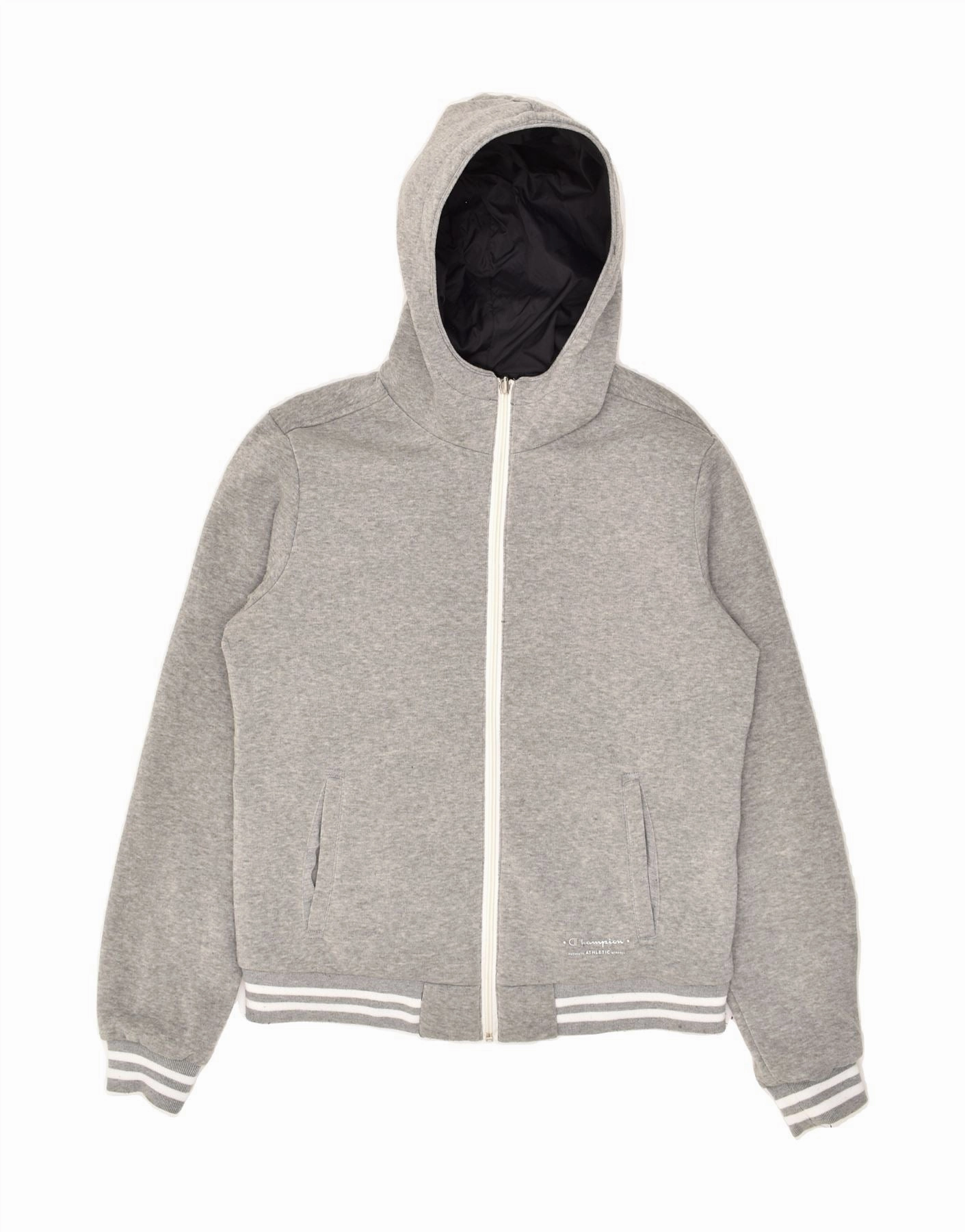 CHAMPION Boys Hooded Reversible Bomber Jacket 10-11 Years Large Grey Quilted Construction Tear Resistant
