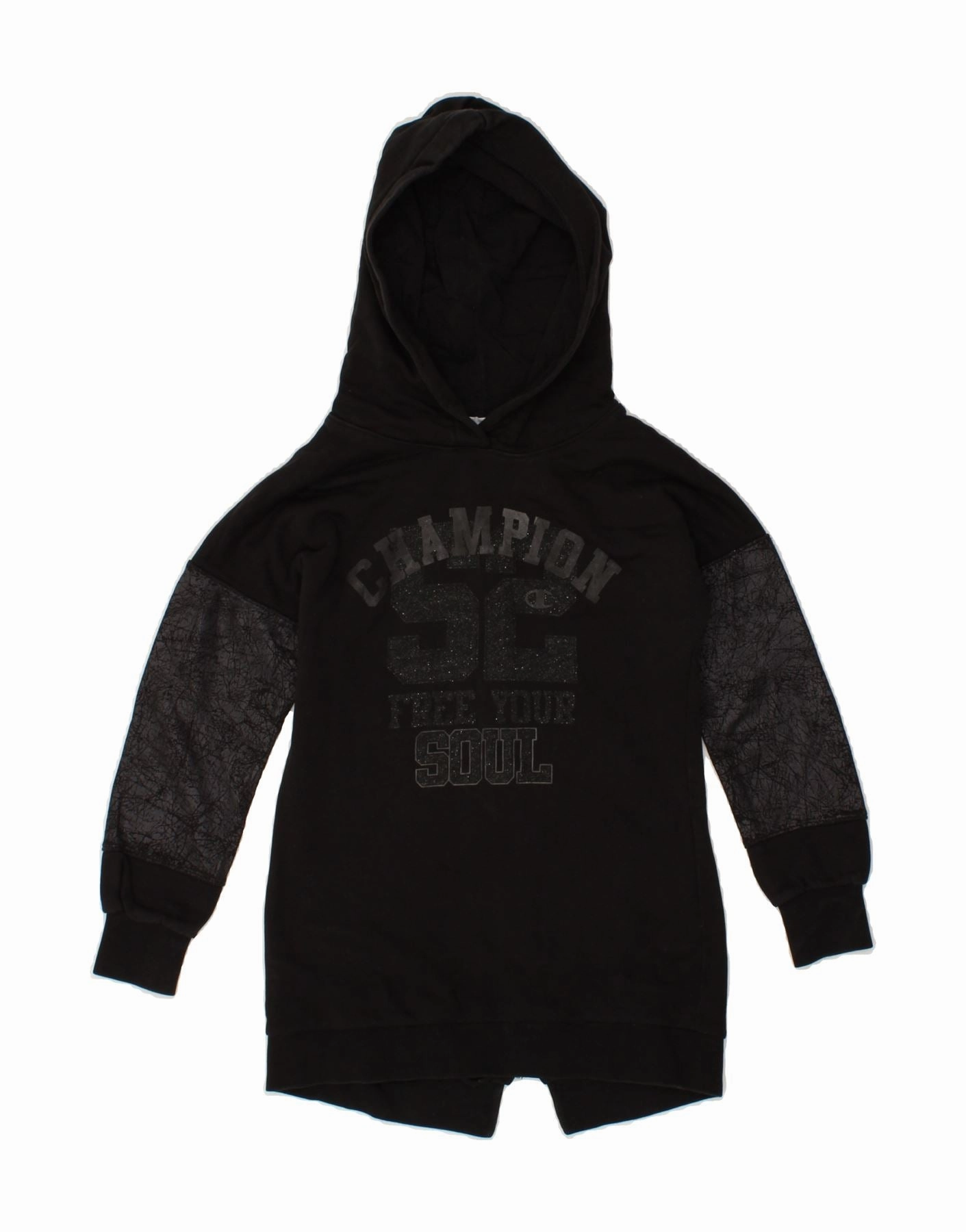 Sophisticated Cut CHAMPION Girls Graphic Hooded Jumper Dress 8-9 Years Small  Black
