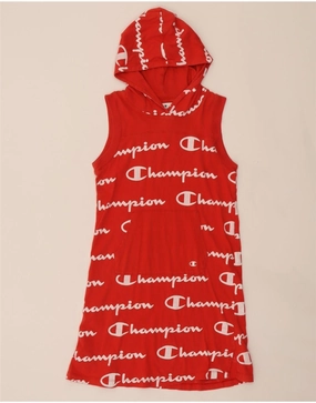 Smart Cut Minimal Motion CHAMPION Girls Graphic Hooded T-Shirt Dress 11-12 Years Large Red