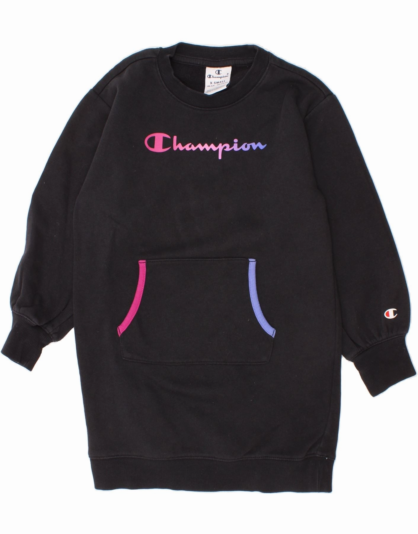 Charming Fit Vacation Vibe CHAMPION Girls Graphic Sweatshirt Jumper Dress 5-6 Years XS Black