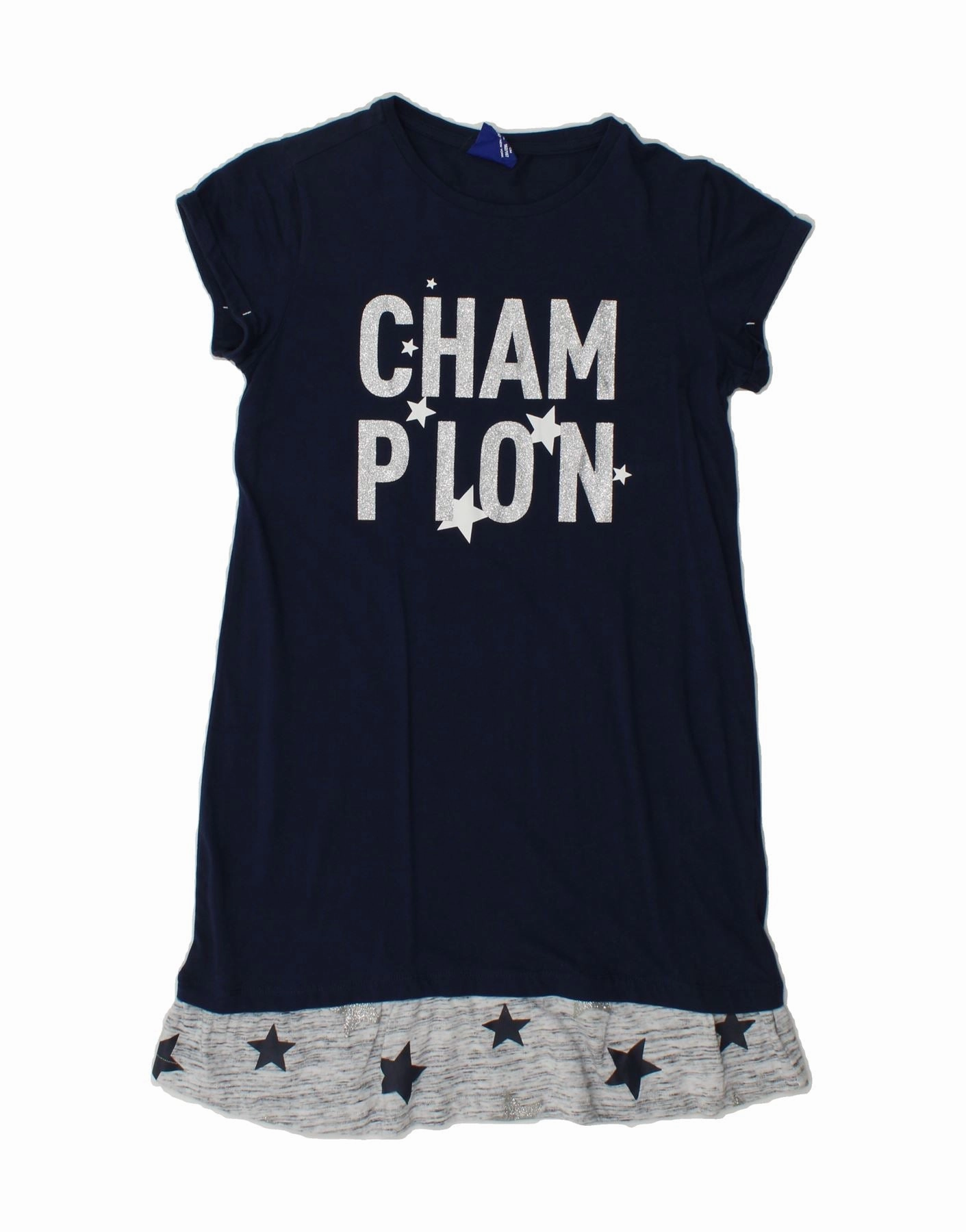 CHAMPION Girls Graphic T-Shirt Dress 13-14 Years Navy Blue Colourblock Elastic-Cuff Feminine Movement