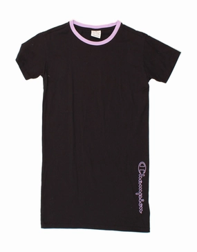 CHAMPION Girls Graphic T-Shirt Dress 9-10 Years Black Cotton Weekend Favorite Side-Slit
