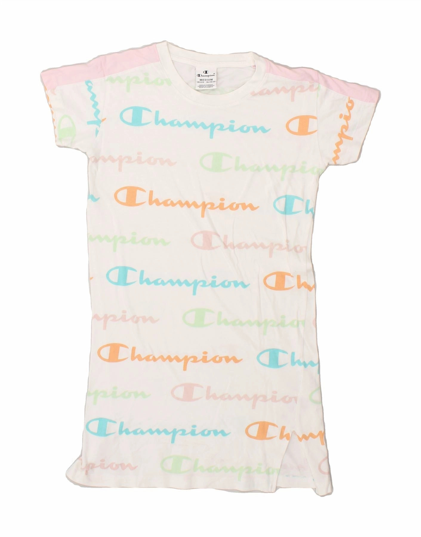 Wedding-Guest CHAMPION Girls Graphic T-Shirt Dress 9-10 Years Medium White Cotton Logo