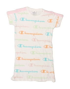 Wedding-Guest CHAMPION Girls Graphic T-Shirt Dress 9-10 Years Medium White Cotton Logo