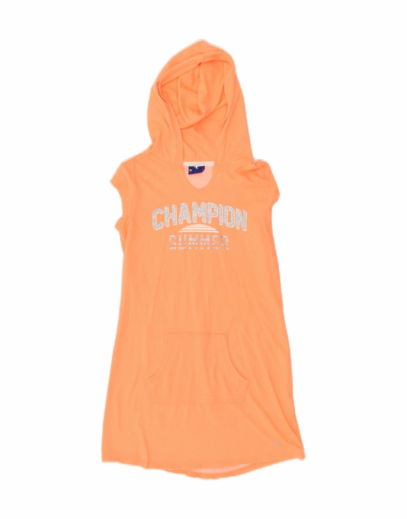 CHAMPION Girls Hooded Graphic T-Shirt Dress 11-12 Years Large  Orange Glossy-Finish All-Season Comfort