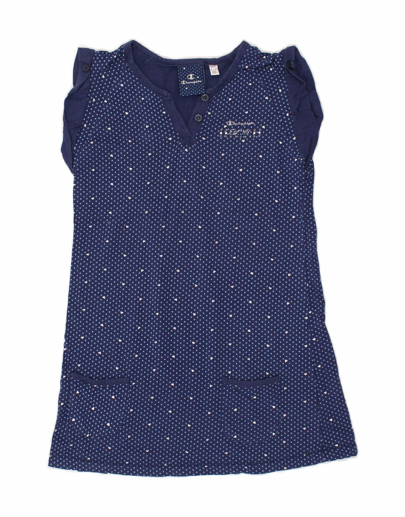 CHAMPION Girls T-Shirt Dress 11-12 Years Large  Navy Blue Polka Dot Cotton Shared Glow