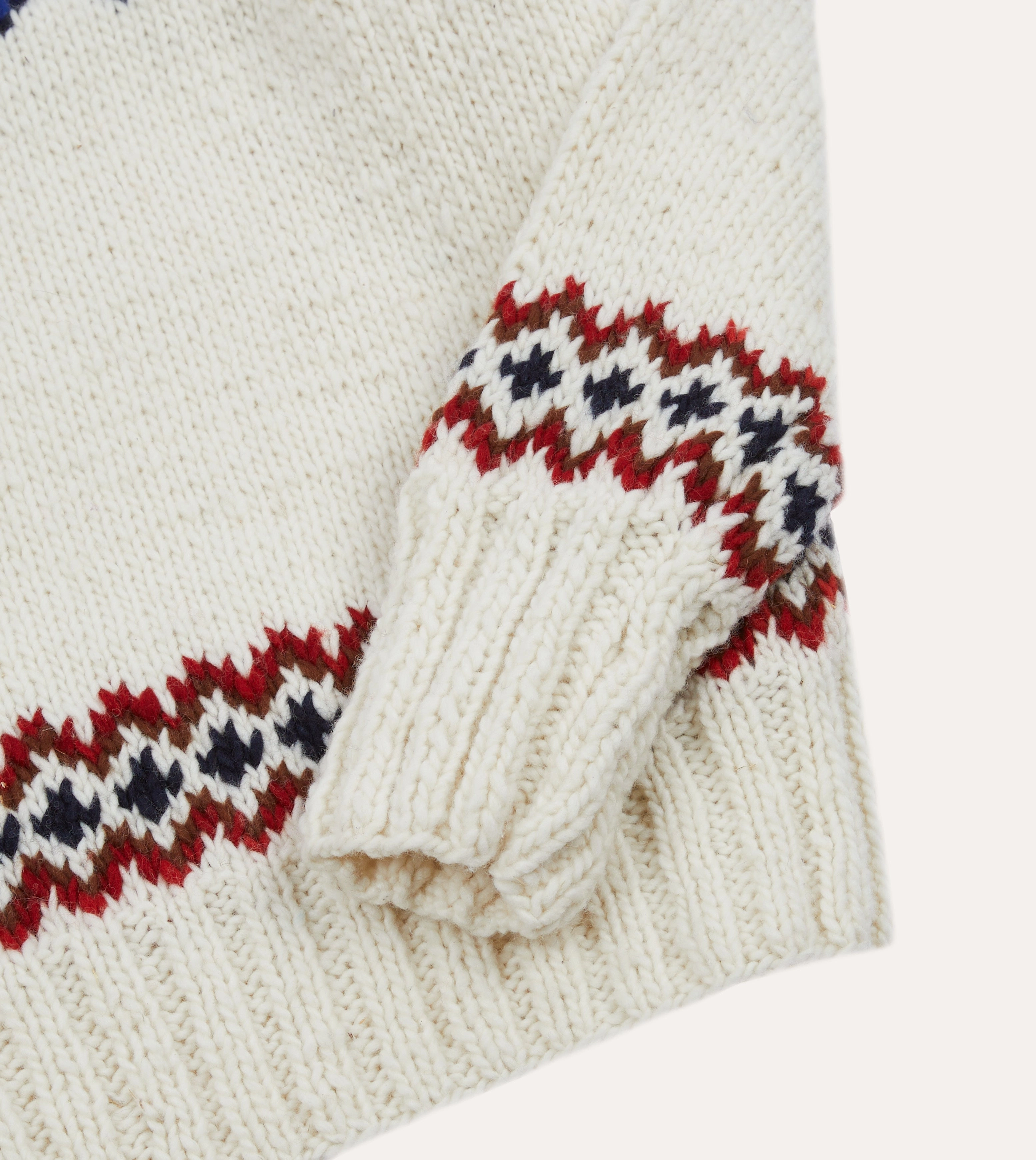 Indoor Layer UVProtective Knit Density Chamula for Drake's Ecru and Red Fairisle Merino Jumper