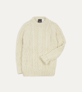 Chamula for Drake's Ecru Cable Knit Merino Jumper Elastic Seamless Design Circular Knit Technique