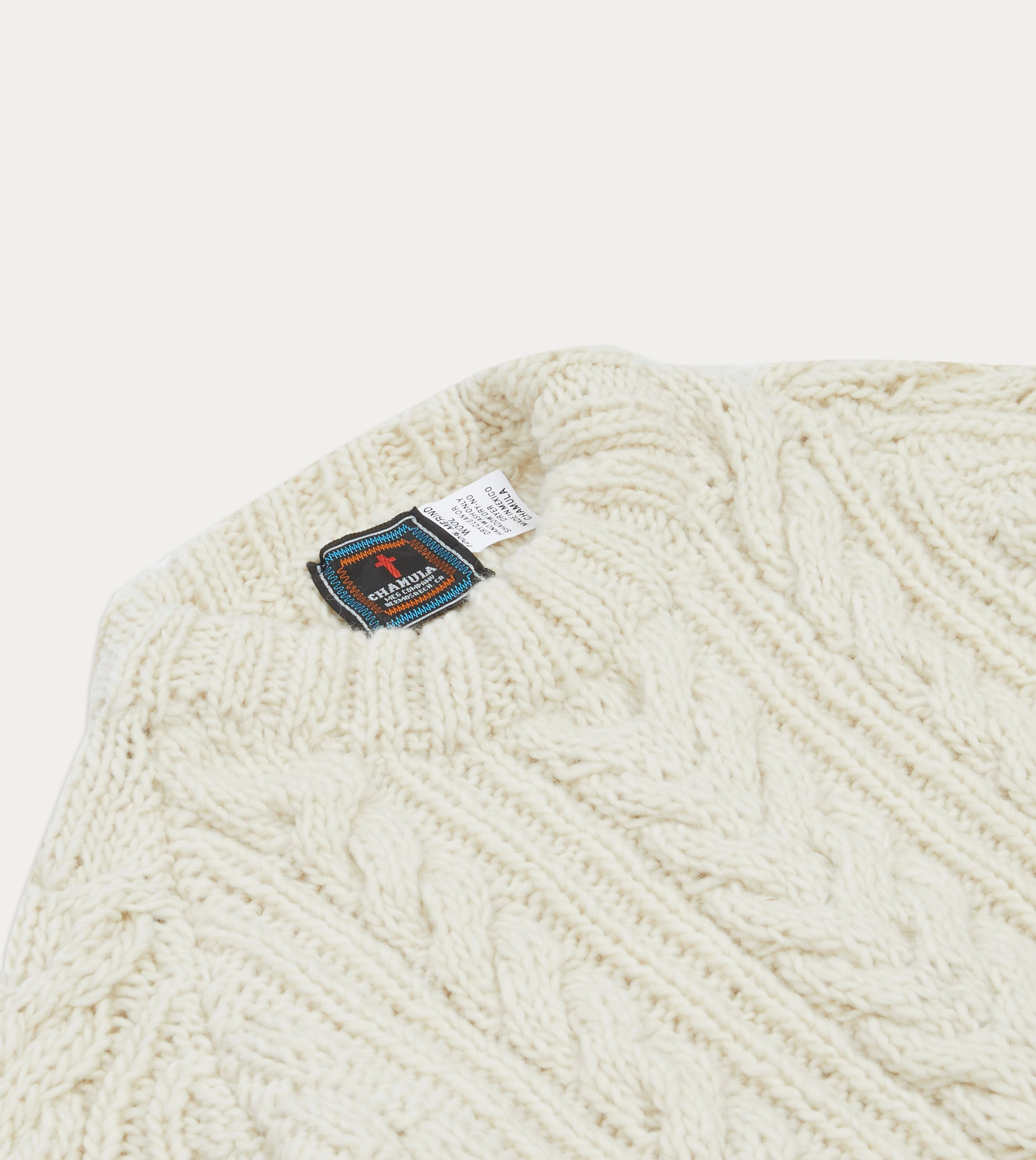 Chamula for Drake's Ecru Cable Knit Merino Jumper Hypoallergenic Fiber Blend