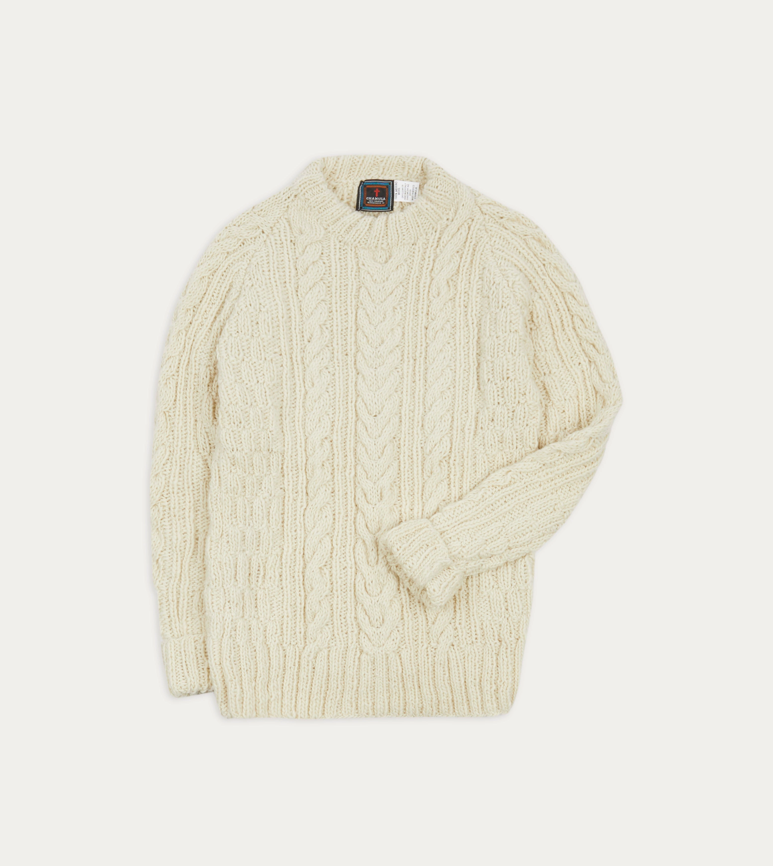 Chamula for Drake's Ecru Cable Knit Merino Jumper Elastic Seamless Design Circular Knit Technique