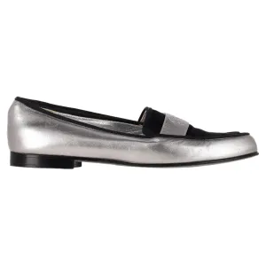 Sharp Detail Washable Chanel CC Loafers in Metallic Silver and Black Leather