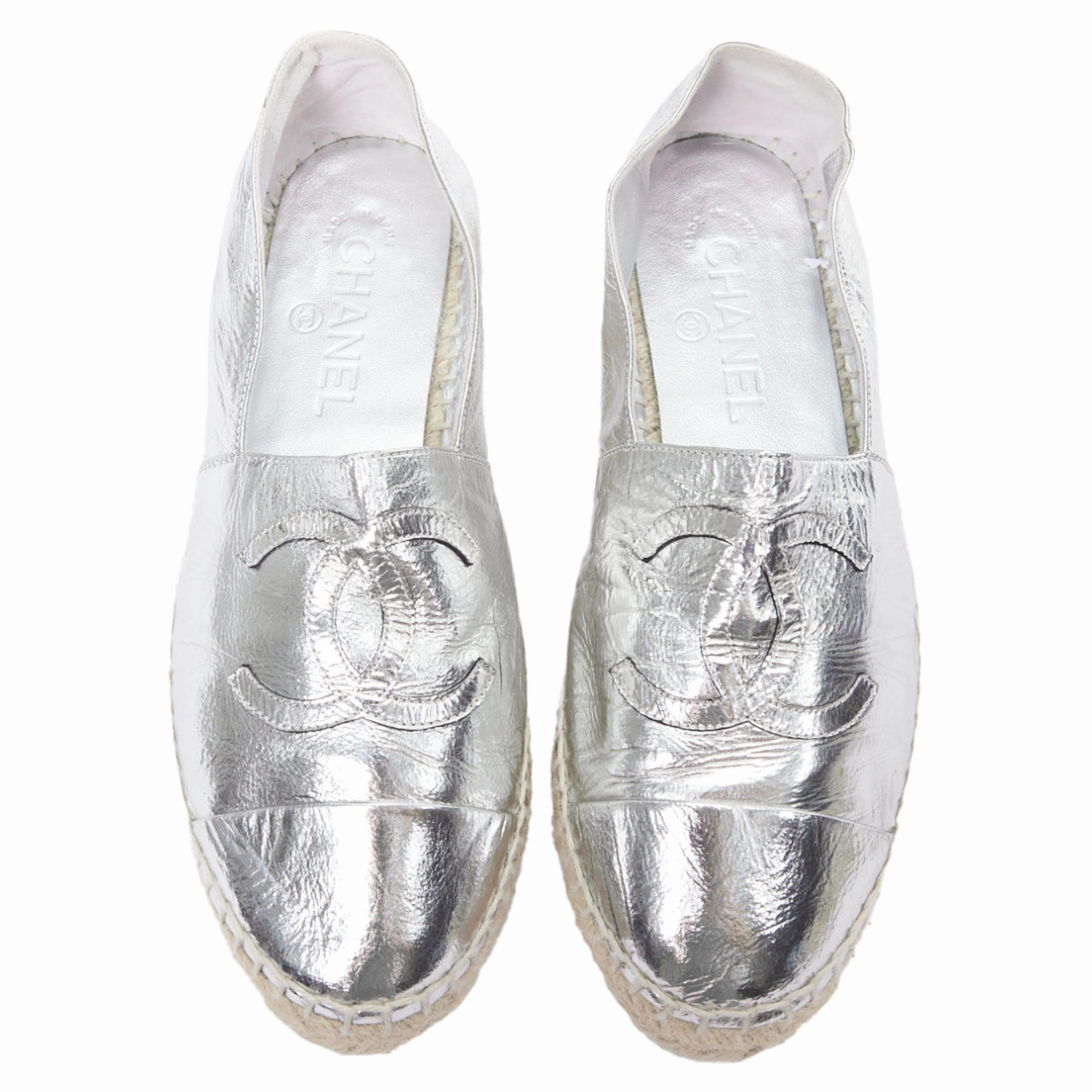 Chanel Laminated Goatskin CC Logo Jute Espadrilles Wear Easy
