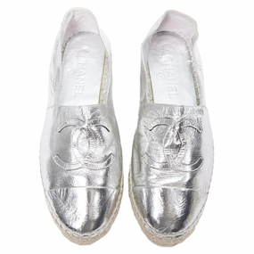 Chanel Laminated Goatskin CC Logo Jute Espadrilles Wear Easy