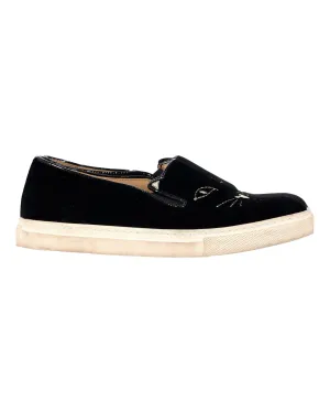 Charlotte Olympia Embroidered Accent Sneakers in Black Velvet Slip-On Convenience