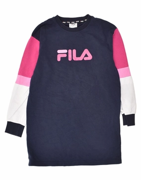 Fashion-Forward FILA Girls Long Sleeve Jumper Dress 11-12 Years Navy Blue Colourblock