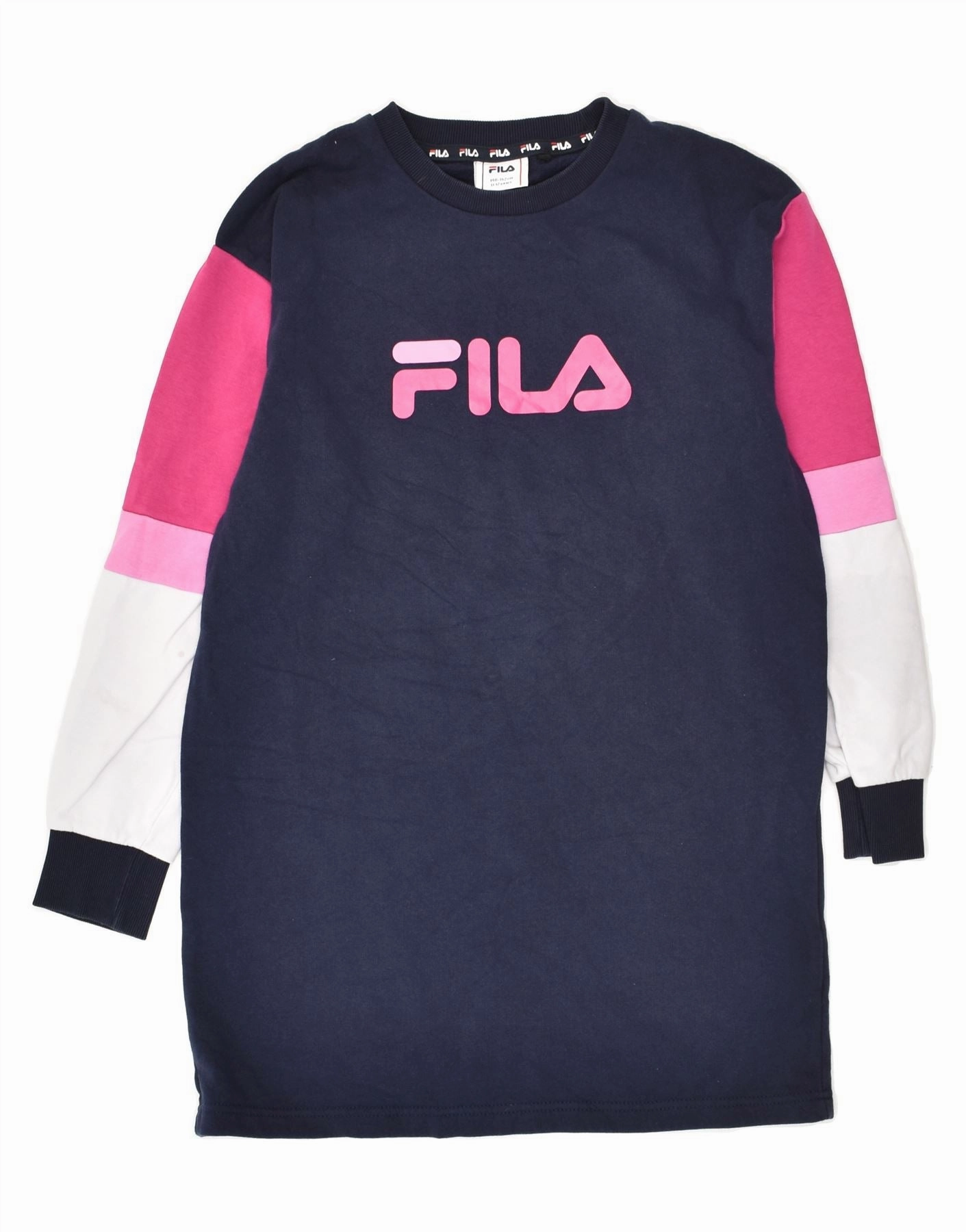 Fashion-Forward FILA Girls Long Sleeve Jumper Dress 11-12 Years Navy Blue Colourblock