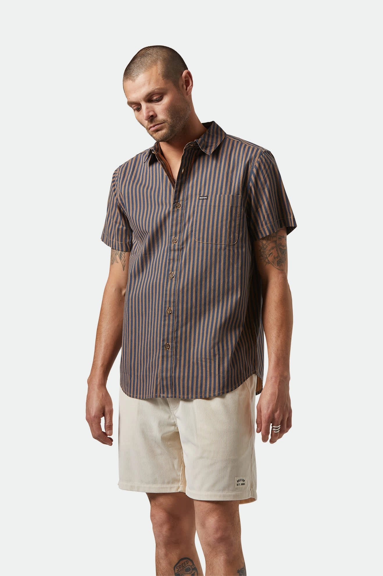 Wrinkle Resistant Charter Print S/S Shirt - Washed Blue/Sunnaked Stripe