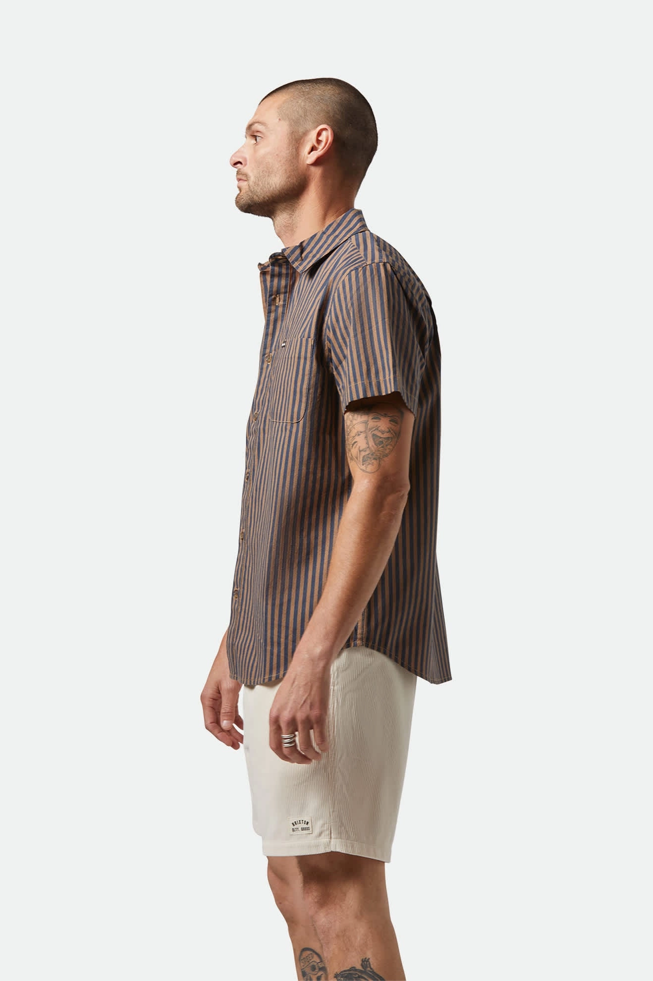family gathering Pre Shrunk Cotton Blend Charter Print S/S Shirt - Washed Blue/Sunnaked Stripe