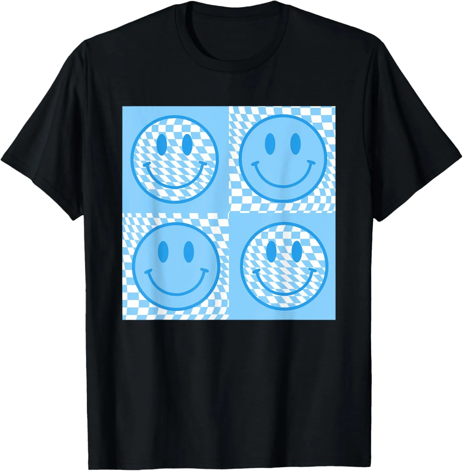 Checkered Pattern Smile Face Meme Blue Happy Face Colorful T-Shirt