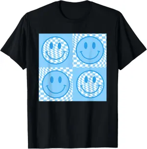 Checkered Pattern Smile Face Meme Blue Happy Face Colorful T-Shirt