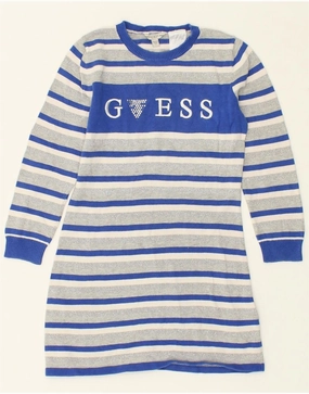 GUESS Girls Graphic Jumper Dress 6-7 Years Grey Striped Cotton Travel Ready