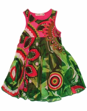 DESIGUAL Girls Sleeveless A-Line Dress 5-6 Years Green Colourblock slim fit