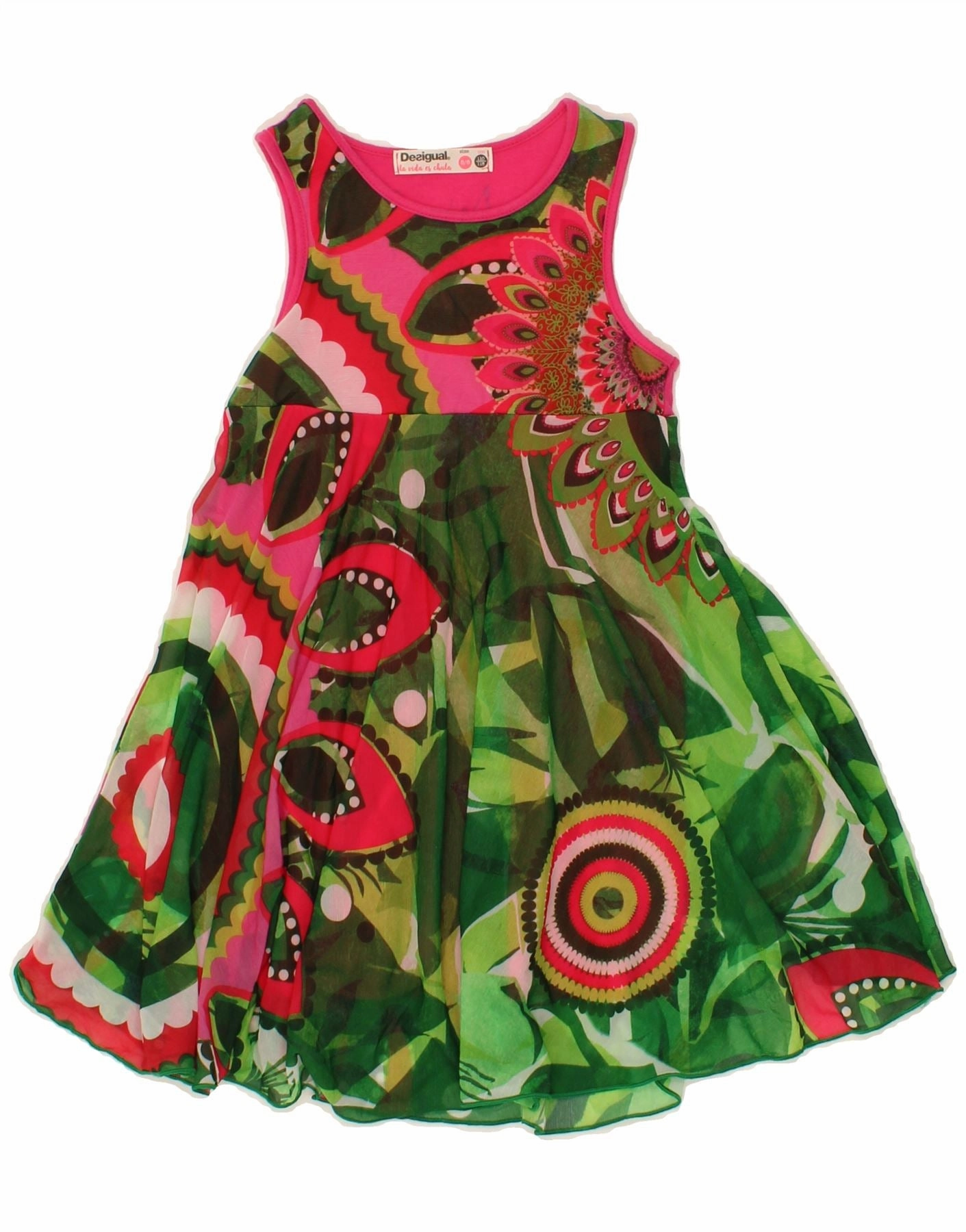 DESIGUAL Girls Sleeveless A-Line Dress 5-6 Years Green Colourblock slim fit