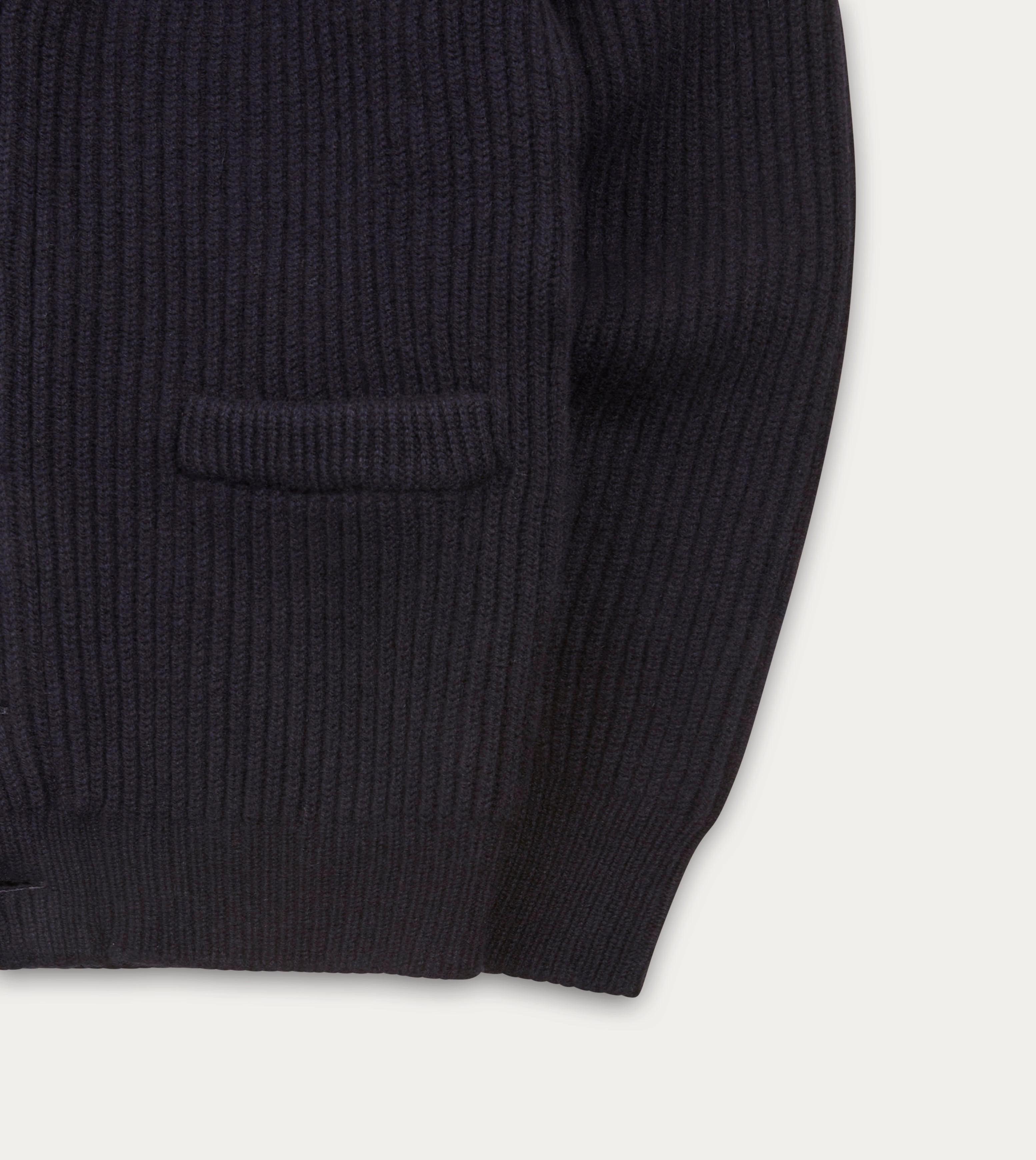 Navy Lambswool Shawl Collar Cardigan Circular Knit Sustainability Guide Ventilation Panel Design