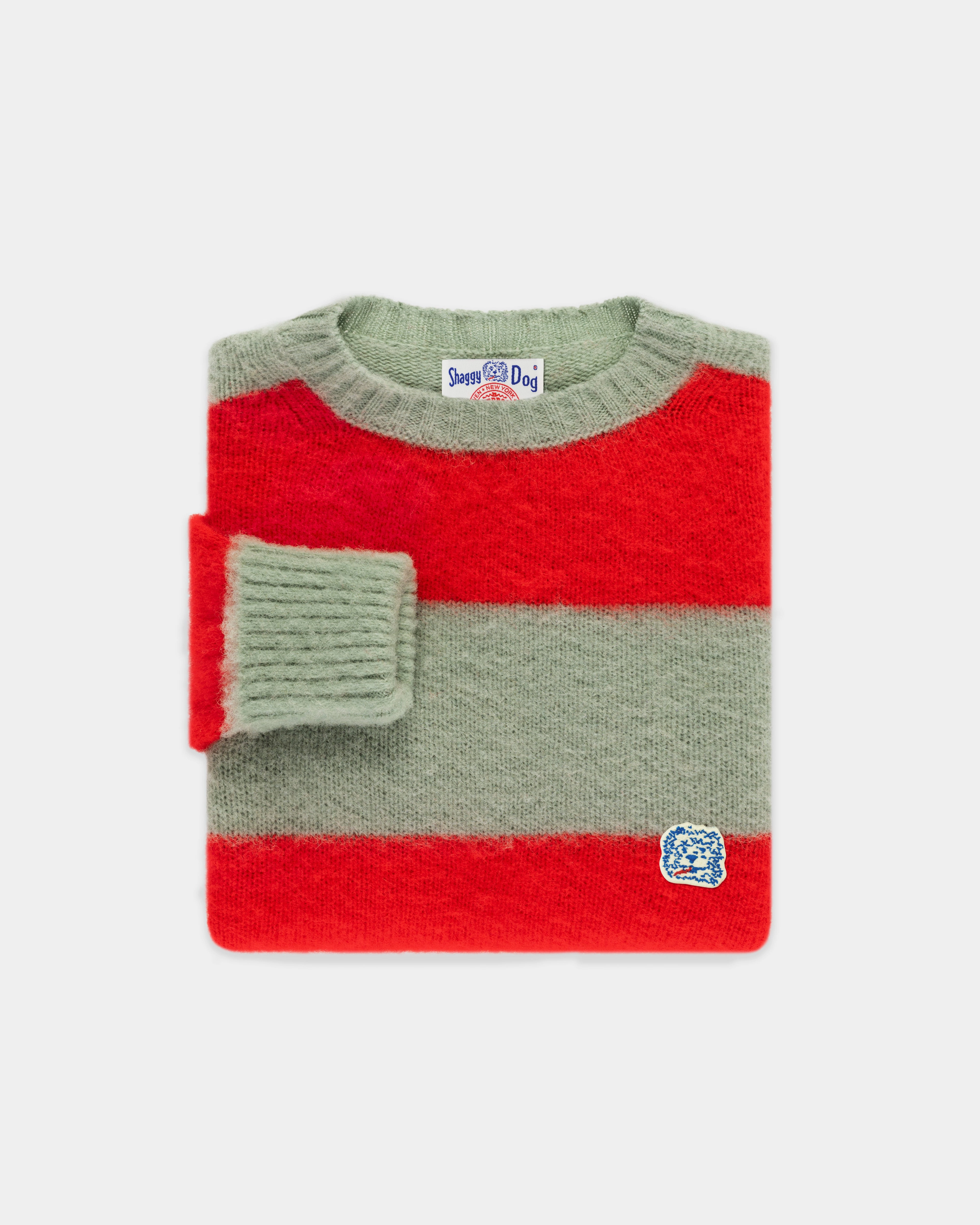 Made-in-Scotland Seafoam Green & Red Stripe Shaggy Dog Icon Sweater - Classic Fit Fade Resistant Finish Classic Knit
