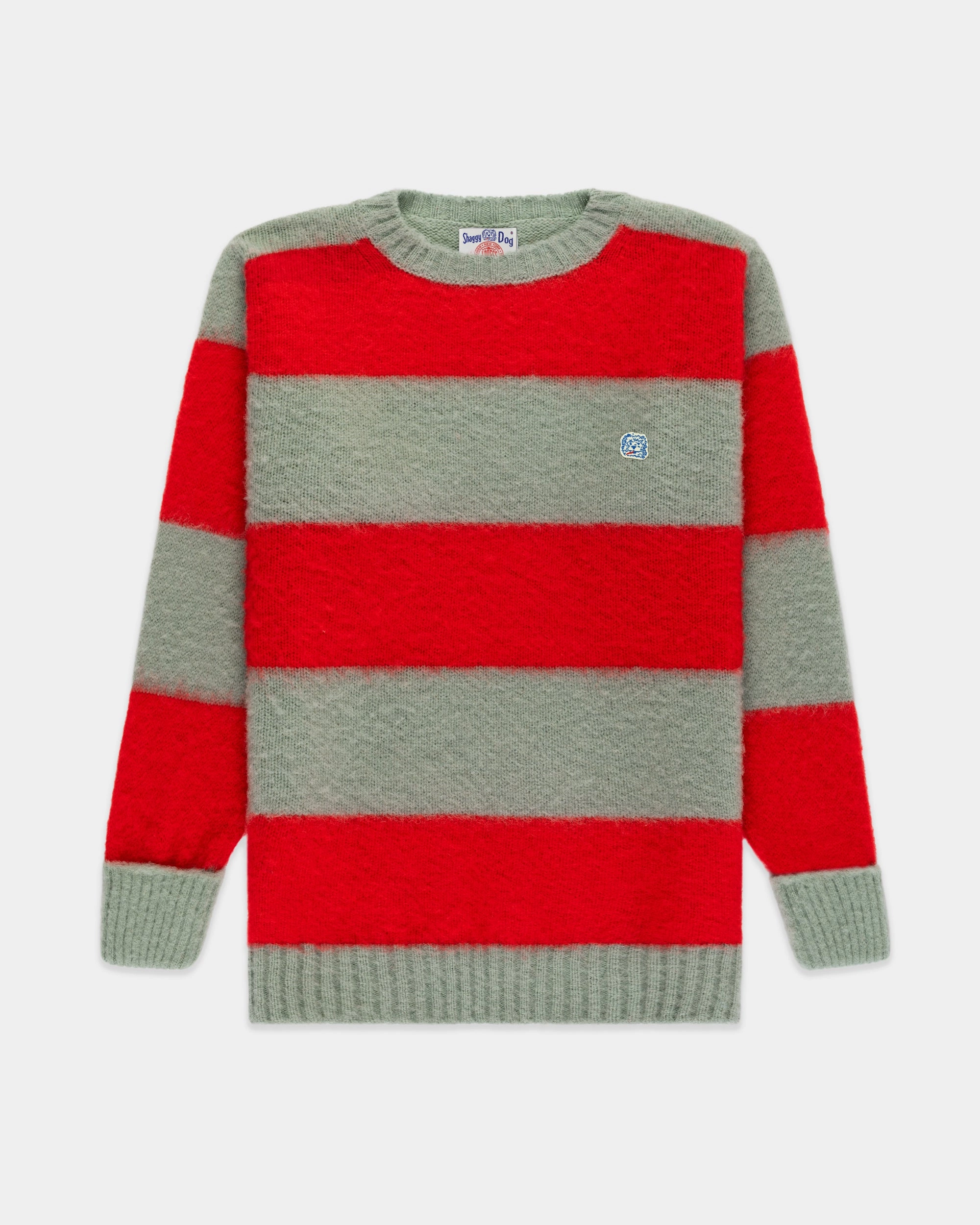 Snug Layer All Season Knit Made-in-Scotland Seafoam Green & Red Stripe Shaggy Dog Icon Sweater - Classic Fit