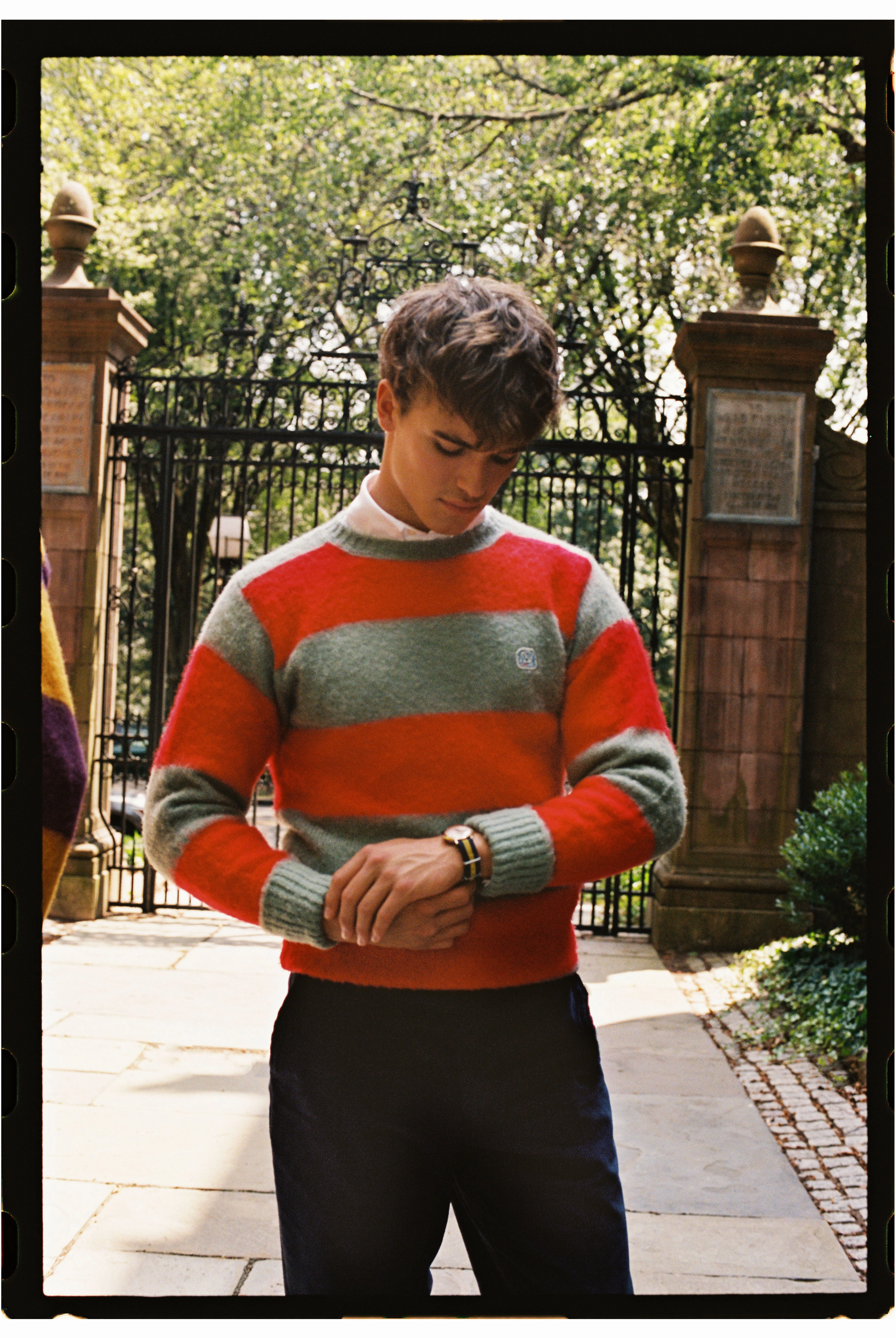 Breathable mesh lining All Season Wear Made-in-Scotland Seafoam Green & Red Stripe Shaggy Dog Icon Sweater - Classic Fit